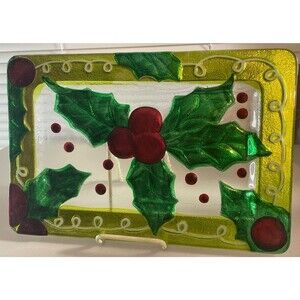 14” Whimsical Christmas Holly Berry Hand Painted Glass Food Safe Serving Tray